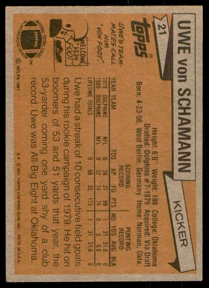 1981 TOPPS* UWE VON SCHAMANN* MIAMI DOLPHINS #21 - Image 2 of 2