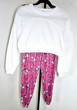 Crew Neck Fleece Crop Top and Sweatpants Casual Set - Pink and White - SZ M