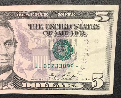 2006 il series $5 five dollar bill rare single run star note *