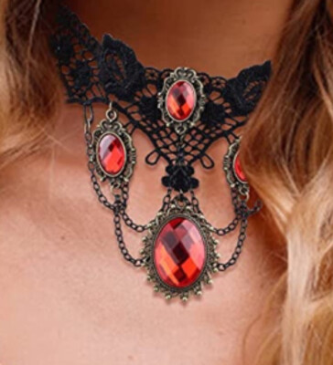 Gothic Victorian Black Lace Red Choker Necklace Tassel Chain Steampunk ...
