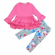 2Pcs Girls Peplum Tops Floral Pants Flounced Hem Blouse Trousers Kids Outfits