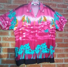 Vintage Koko Knot Men's Hawaiian Shirt Sz LG Pink Multi-Color Palm Trees Boats  