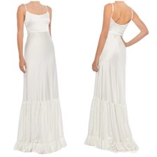Mac Duggal NWT Scoop Neck Satin Gown Size 2 White Tiered Skirt Spaghetti Strap