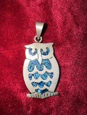Vintage Mexican Turquoise Chip Inlay Owl Pendant Alpaca Silver Eurasian Owl