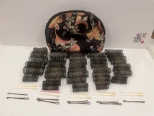43 Pack Vintage Wire Mesh Brush Hair Rollers w 10 Picks 10Hairpins w Floral Bag
