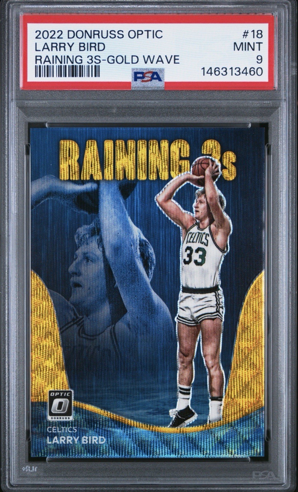 2022-23 Donruss Optic #18 LARRY BIRD Raining 3s Gold Wave /10 PSA 9