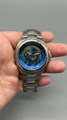 Vtg Relic by Fossil Big Tic Mens Watch Blue Year of the Dragon New