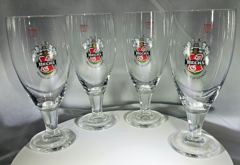 BECKS Set Of 4 STEMMED, SILVER RIMMED BEER GLASS .3L COAT OF ARMS, GERMANY