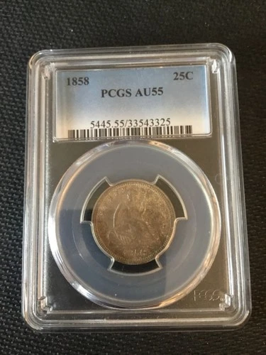 1858 seated liberty quarter pcgs au 55