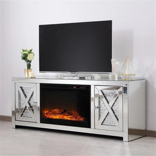 Elegant Decor Modern 2 Door 59" Clear Mirrored Faux Log Fireplace TV Stand - Picture 2 of 10