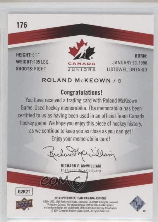 2014 Upper Deck Team Canada Juniors Jerseys Roland McKeown #176 - Image 2 of 2