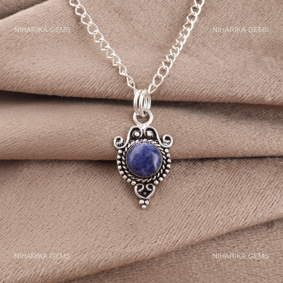 Rotondo Naturale Sodalite Argento Sterling Terzo Occhio Chakra Anniversario Wife - Immagine 3 di 4
