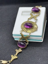 Victorian Revival Panel Link Bracelet Purple  Cabochons Ornate 6 3/4"