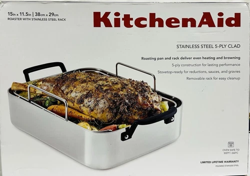 KitchenAid Stainless Steel 5-Ply Clad 15"x11.5" Roasting Pan with Stainless. R7