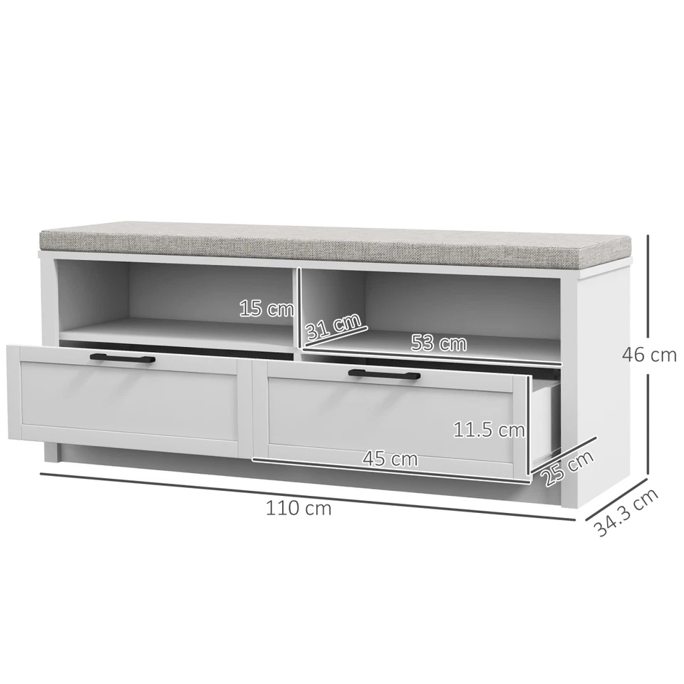 Shoe Bench MDF White & Grey 110x34.3x46cm with Removable Cushion+Drawers&Seat UK - Image 3 of 4
