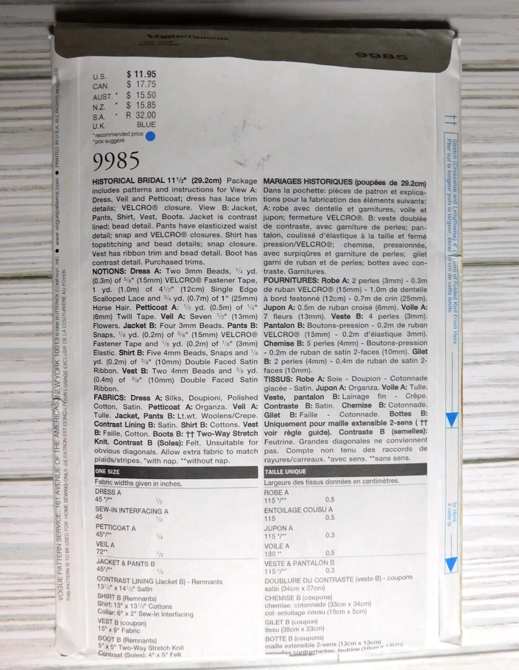 Vogue Craft 9985 Historical Bridal Doll Clothes Barbie Ken Pattern NEW Rare - Image 2 of 3