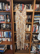 mango silk bamboo pattern spaghetti strap jumpsuit sz xs brown and orange euc