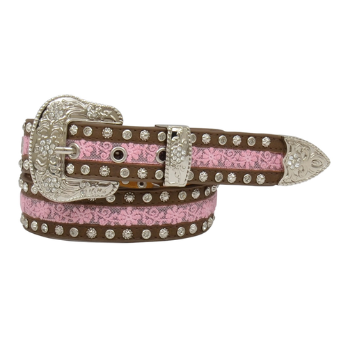 Youth girls ANGEL RANCH BROWN PINK FLOWER LACE BELT w/ Studs Size M L XL - Picture 2 of 3
