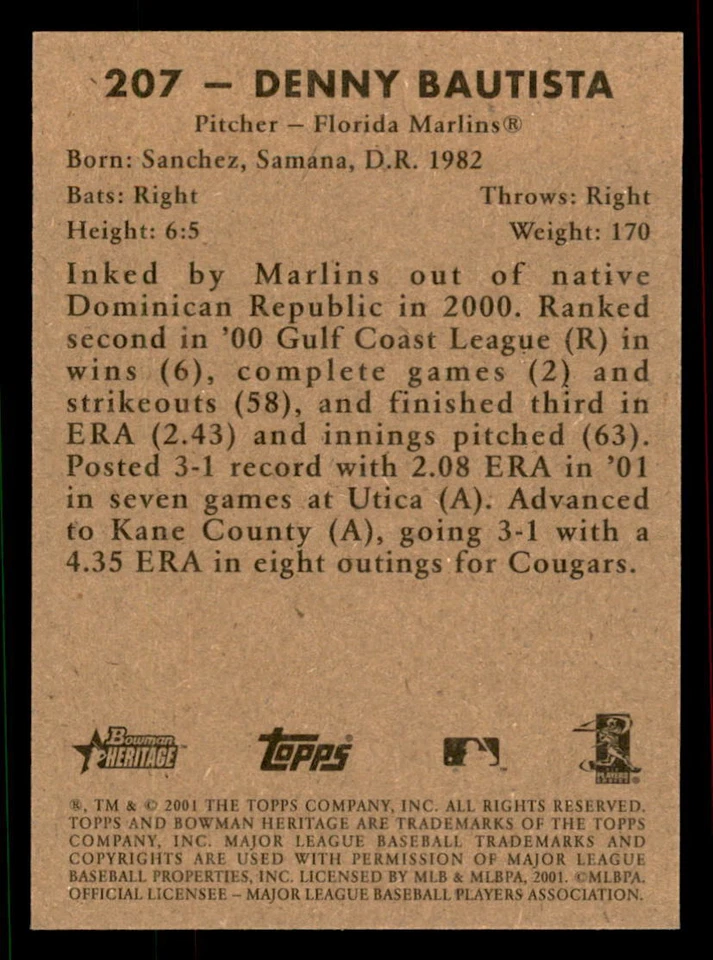 2001  Bowman Heritage  #207 Denny Bautista Florida Marlins RC - Image 2 of 2