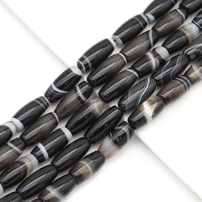 Natural Black/White Banded Agate Barrel Beads Strand for Jewelry Making, 13x30mm