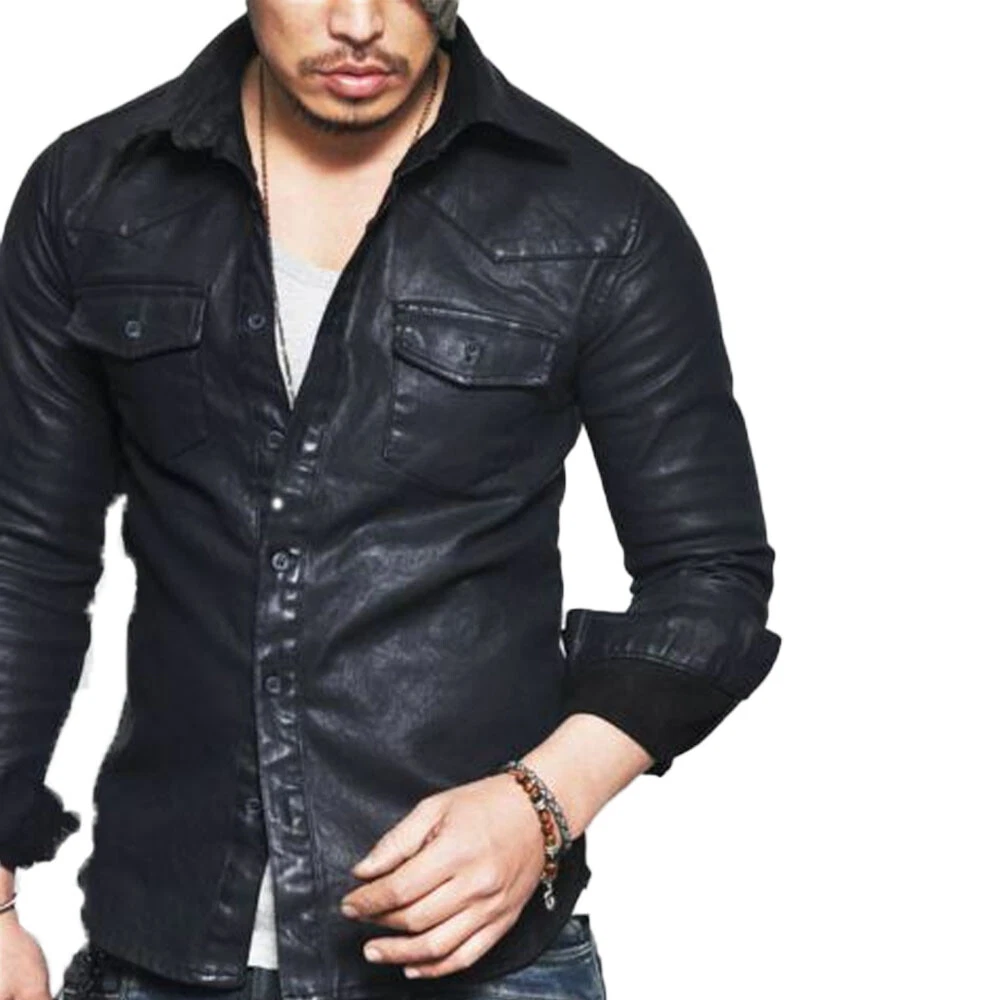Men Genuine Black Lambskin Real Leather Shirt Handmade Casual Party Wear Shirt
