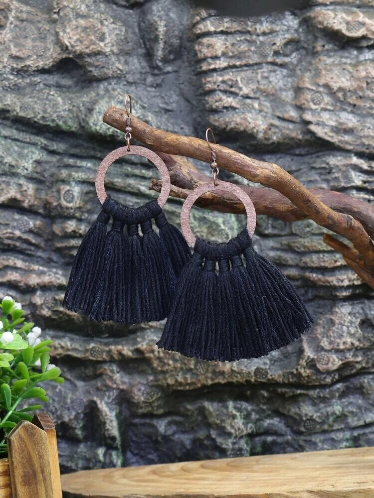 Black Embroidery Thread Tassel And Round Wood Dangle Earrings eBay