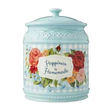 Pioneer Woman Cookie Jar Happiness Is Homemade Stoneware Floral Gingham Blue New
