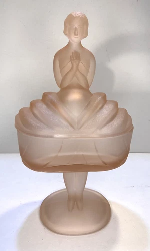 Vintage Art Deco Ballerina Figural Frosted Pink Powder Jar Vanity Box Glass CHIP