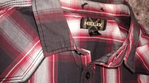 HELIX!! Mens Athletic Red,Black Plaid Button Down Roll Tab Sleeve/ Size LARGE - Picture 4 of 20