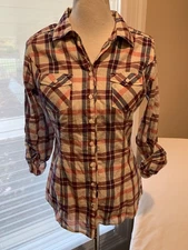 guess plaid shirt 100% thin cotton weave button up medium blouse collar