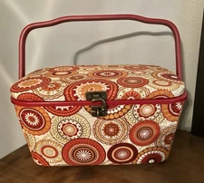 Vintage Fabric Covered Sewing Box Basket Padded With Handle And Storage Tray