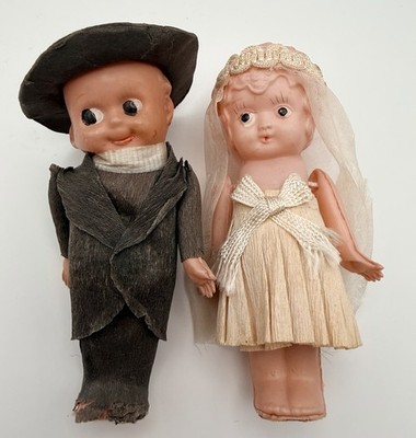Antique 1920s Kewpie 4  Bride and Groom Crepe Paper Clothing Cake Topper Japan