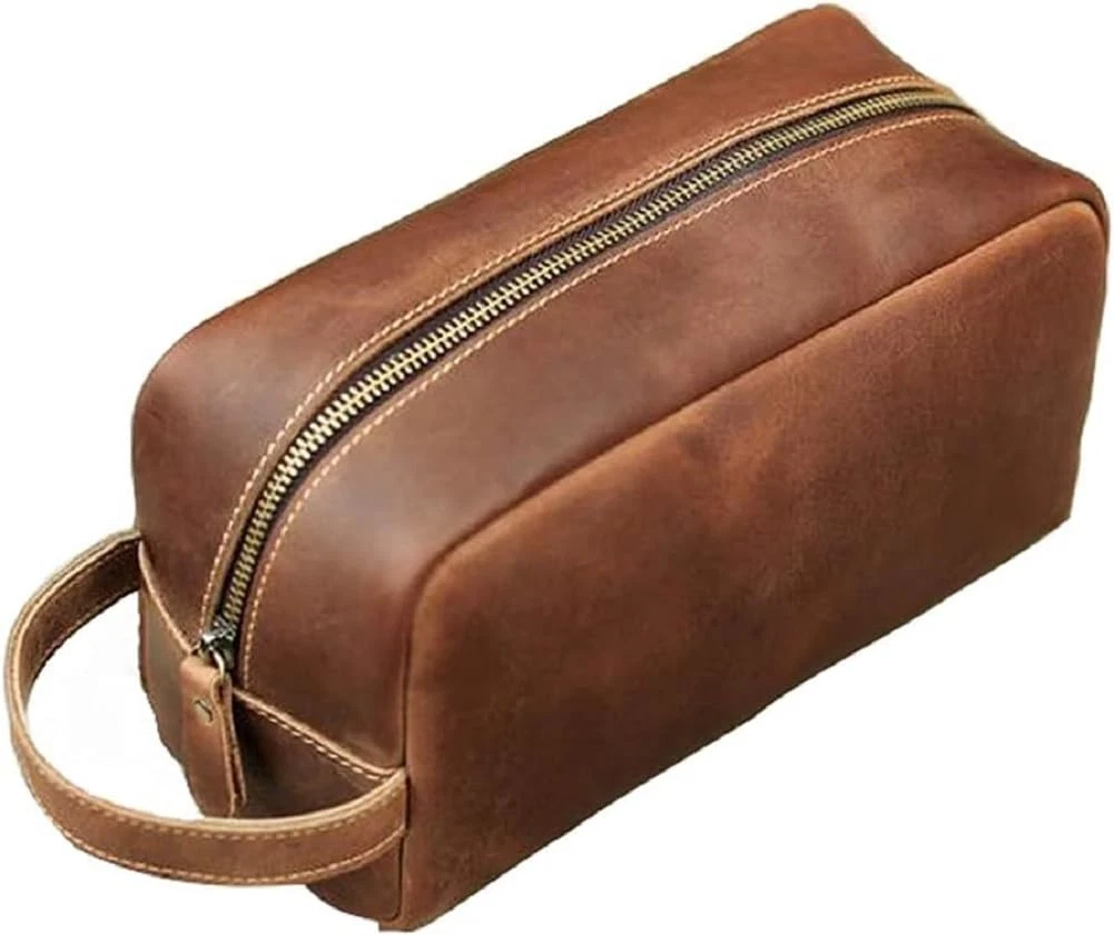 Toiletry Bag for Men or Women, Full Grain Leather Handcrafted Dopp Kit, Vinta...