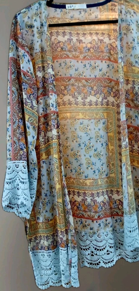 Jolt Kimono Cardigan Small Boho Sheer Patchwork Lace Trim Festival Hippie Top - Image 2 of 4