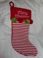 Merry Christmas on Knit Stocking Red White Stripe Pom Pom No tag