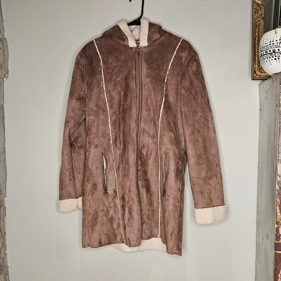 Y2K Faux Brown Suede Lg Sherpa Trim Hooded Coat Women's Longline Jacket Earthy - Image 2 of 4