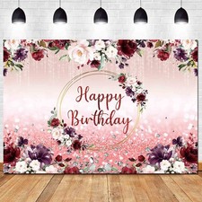 Burgundy Flower Happy Birthday Photography Backdrops 72.8x43.3inch Rose Gold ...