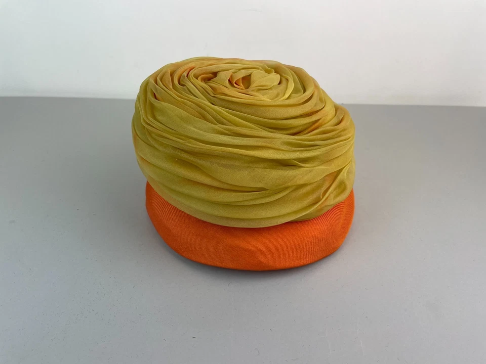 Vintage 1960s Boutique Orange Yellow Chiffon Turban hat 6 5/8 - Image 4 of 4