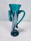 Vintage Signed Murano Style Art Glass Cornucopia Vase Blue Teal White