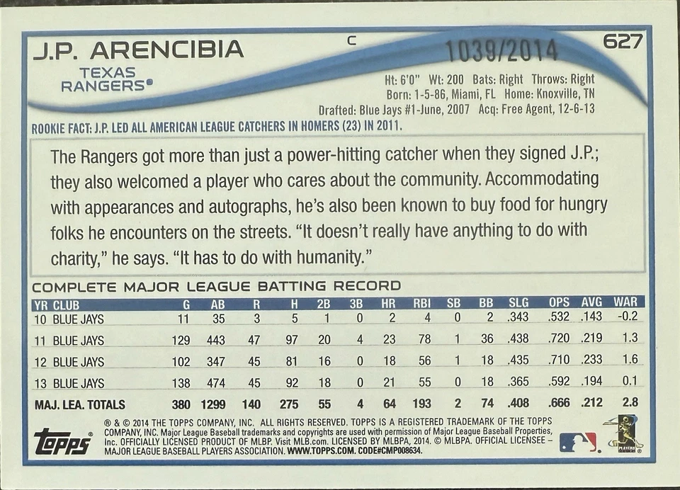 2014 Topps Gold J.P. Arencibia 627 /2014 - Image 2 of 2