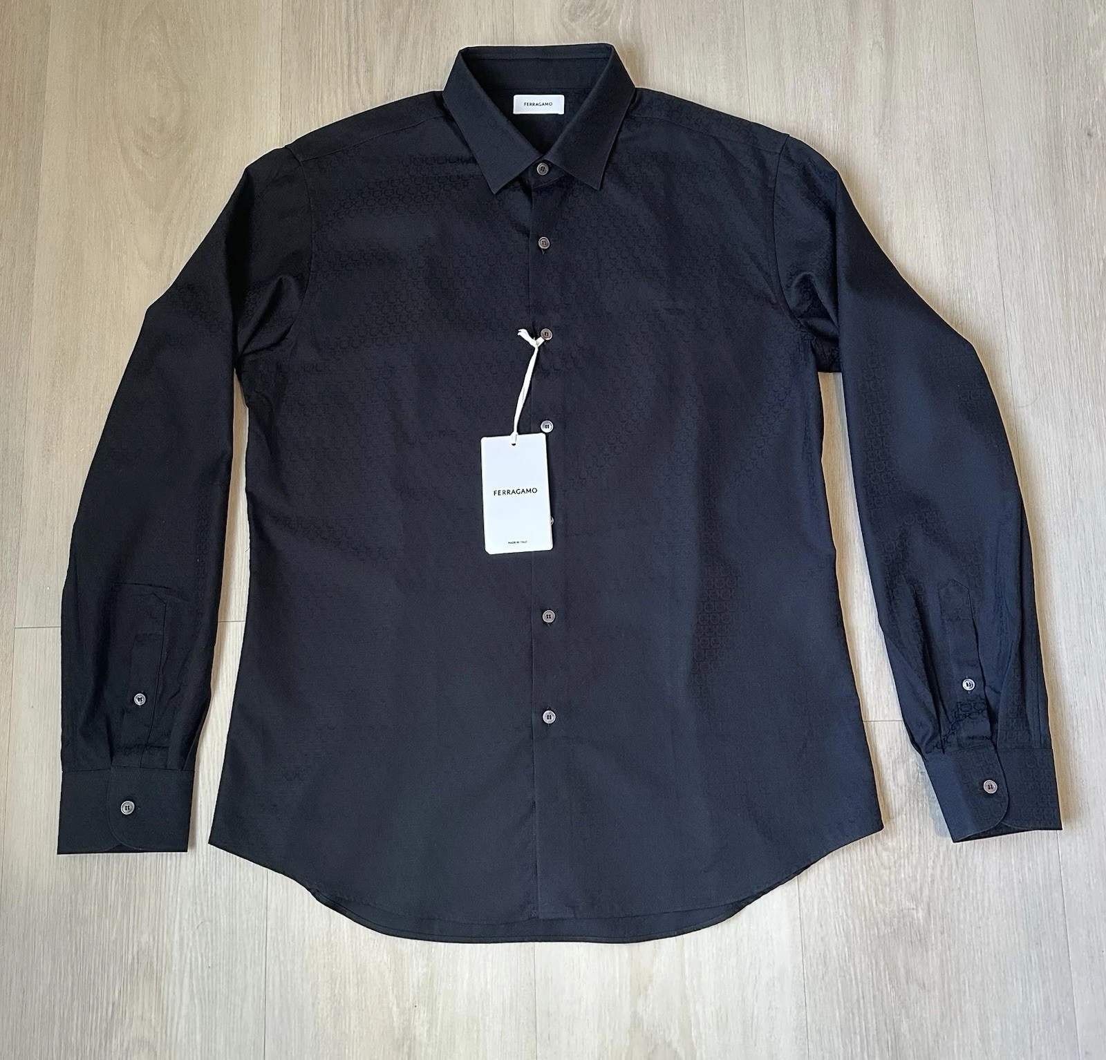 Ferragamo — FERRAGAMO Men’s Black Gancini All Over Monogram Shirt Size Large L
