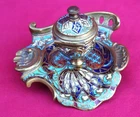 French Cloisonne Enamel Scalloped Inkwell Gilt Brass 19th C