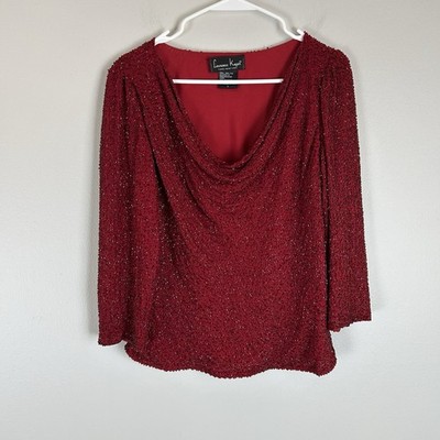 Laurence Kazer Red Beaded Silk Cowl Neck Top Women s L Party Cocktail Event