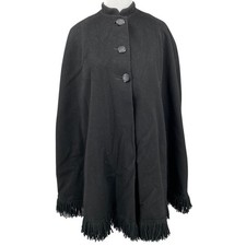 True Vintage Black Wool Blend Fringe Hem Cape Vampy Button Front Poncho 50s 