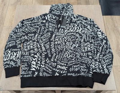 $450 Mens Versace Jeans Couture Logomania Print Pullover Hoodie Black Medium