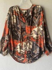 Joan Vaas Women’s Blouse S Small Orange Paisley Pullover Tunic Turn Neck 2447
