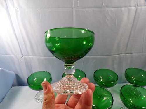 Set of 7 Anchor Hocking Forest Green Glass Bubble Sherbets Champagne Goblets - Picture 2 of 7