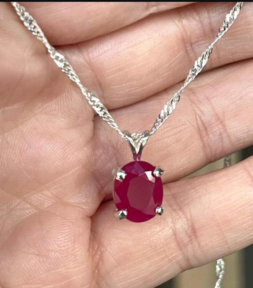 Solid 925 Sterling Silver Natural Ruby Necklace Birthday Gift Necklace For Girl - Image 4 of 4