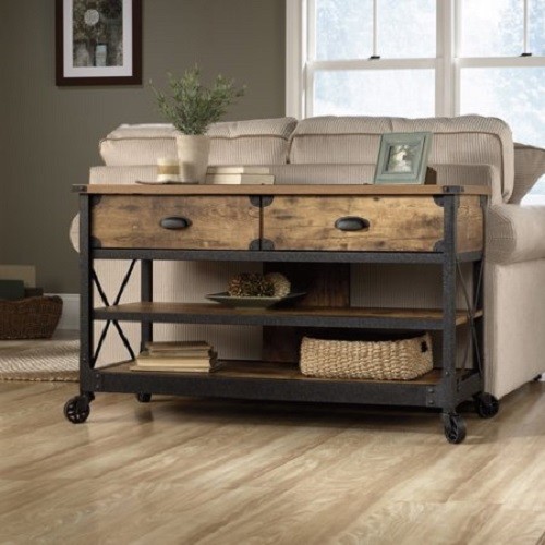 Rustic Country Flat TV Stand Storage Sofa Table Distressed Wood Metal Legs Decor