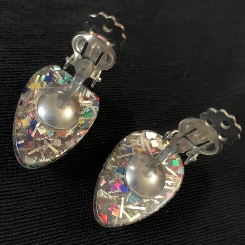 Vtg Clear Lucite Confetti Inclusion Climber Clip Earrings 1” Multicolor Silver - Picture 3 of 5